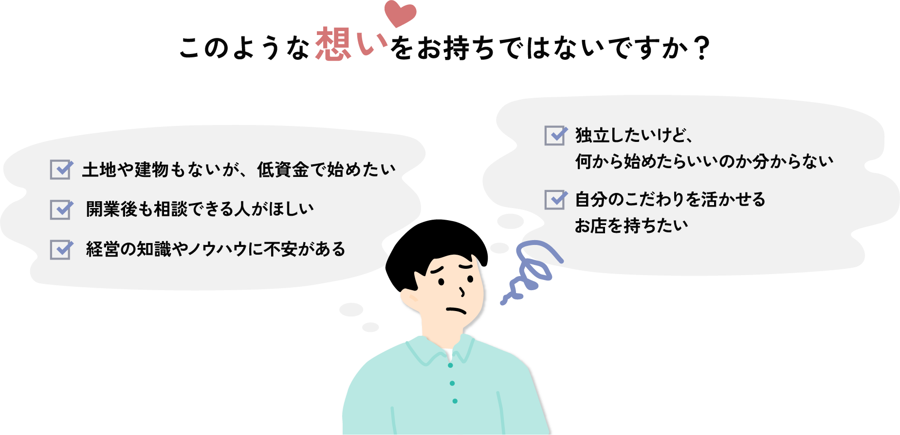 このような想いをお持ちではないですか？土地や建物もないが、低資金で始めたい 開業後も相談できる人がほしい 経営の知識やノウハウに不安がある 独立したいけど、何から始めたらいいのか分からない 自分の子だわりを活かせるお店を持ちたい